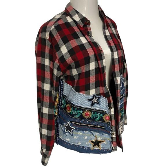 Upcycled Flannel Shirt Shacket Womens XL Betty Boop Grunge Patchwork Folk Art - Picture 4 of 16